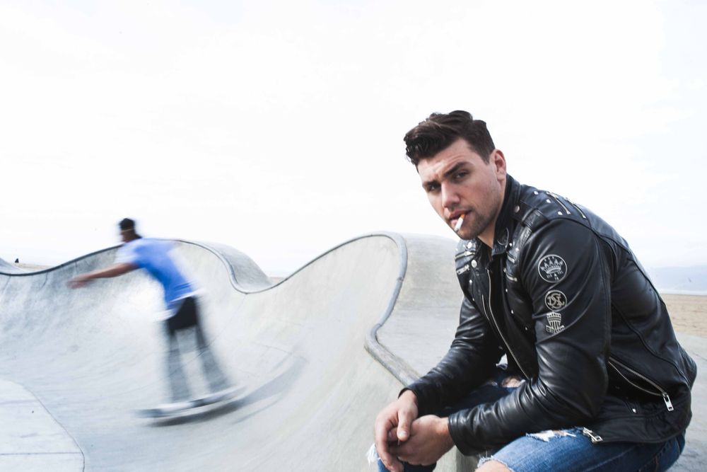 Actor Christian James Diesel Leather Biker Jacket Converse Venice Skate Park California James Dean Tom Ryen Skate Board