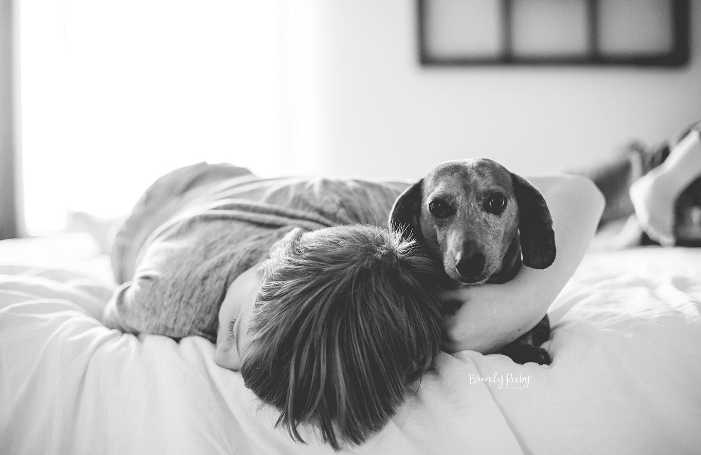 boy and dog snuggling on bed