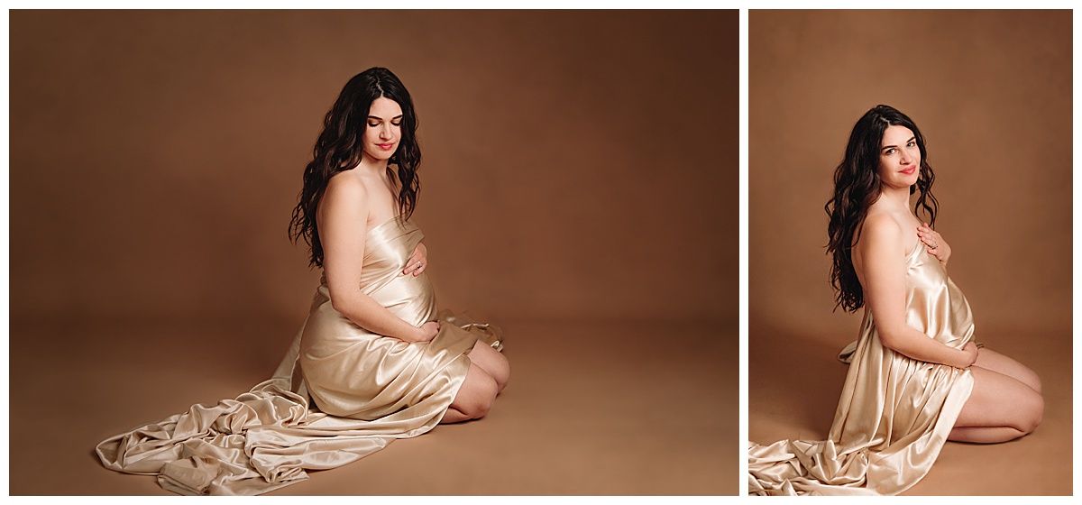 photo of woman draped in gold fabric by maternity photographer in blue springs, missouri