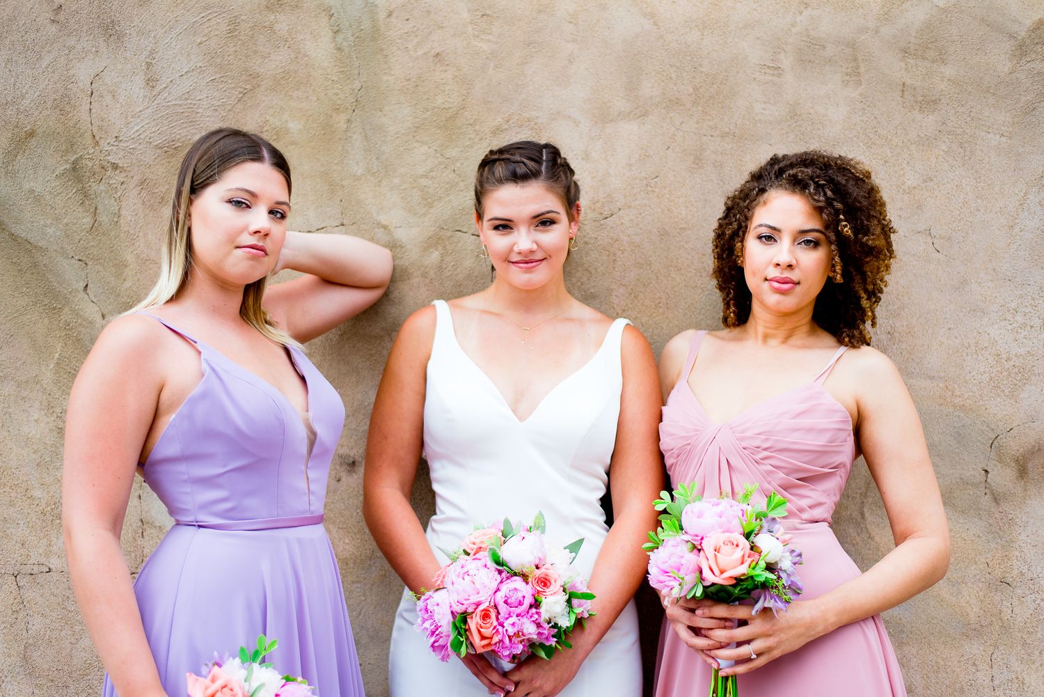 bride and bridesmaids, standing, outside, serious, pastels, colorful, wedding, colorful bouquets, Benison, Cincinnati OH
