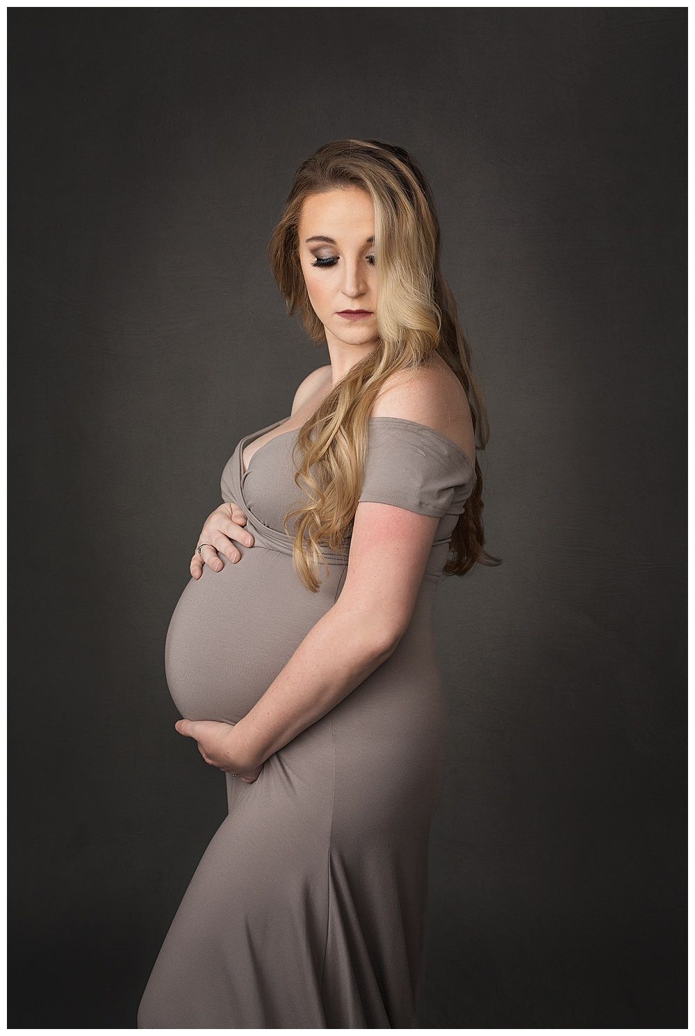 Austin Newborn Photography Maternity Portrait Modern fine art portrait taupe dress