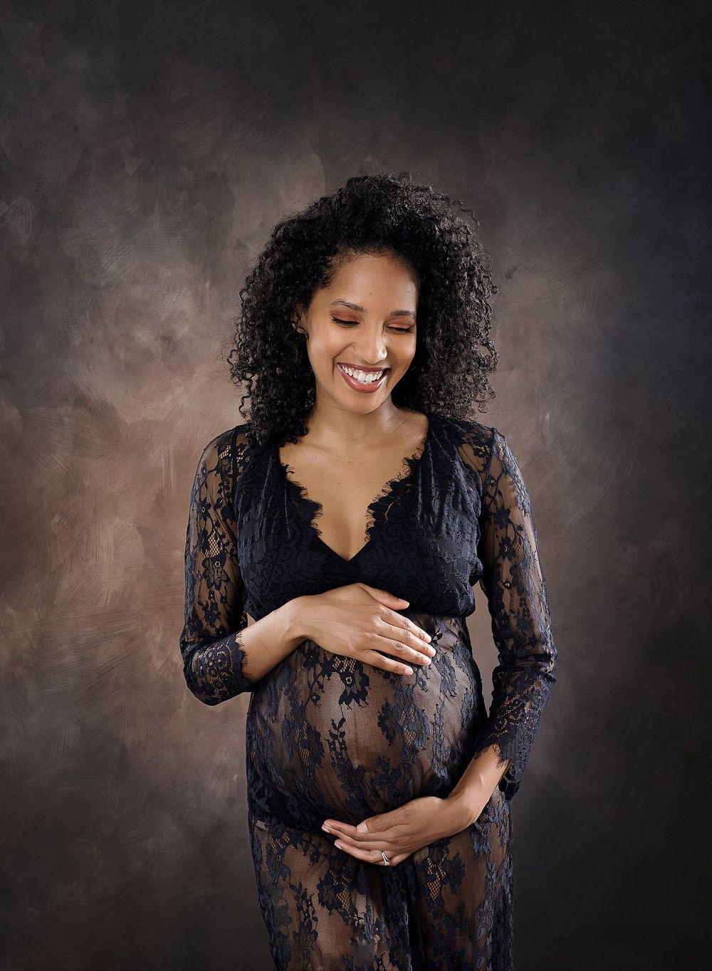 Austin Newborn Photography Maternity Portrait Modern black lace gown