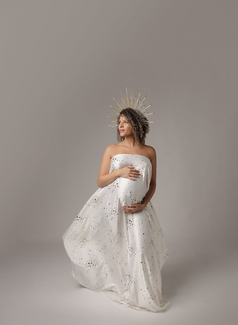 Austin Newborn Photography Maternity Portrait Modern stellar fabric and celestial halo crown