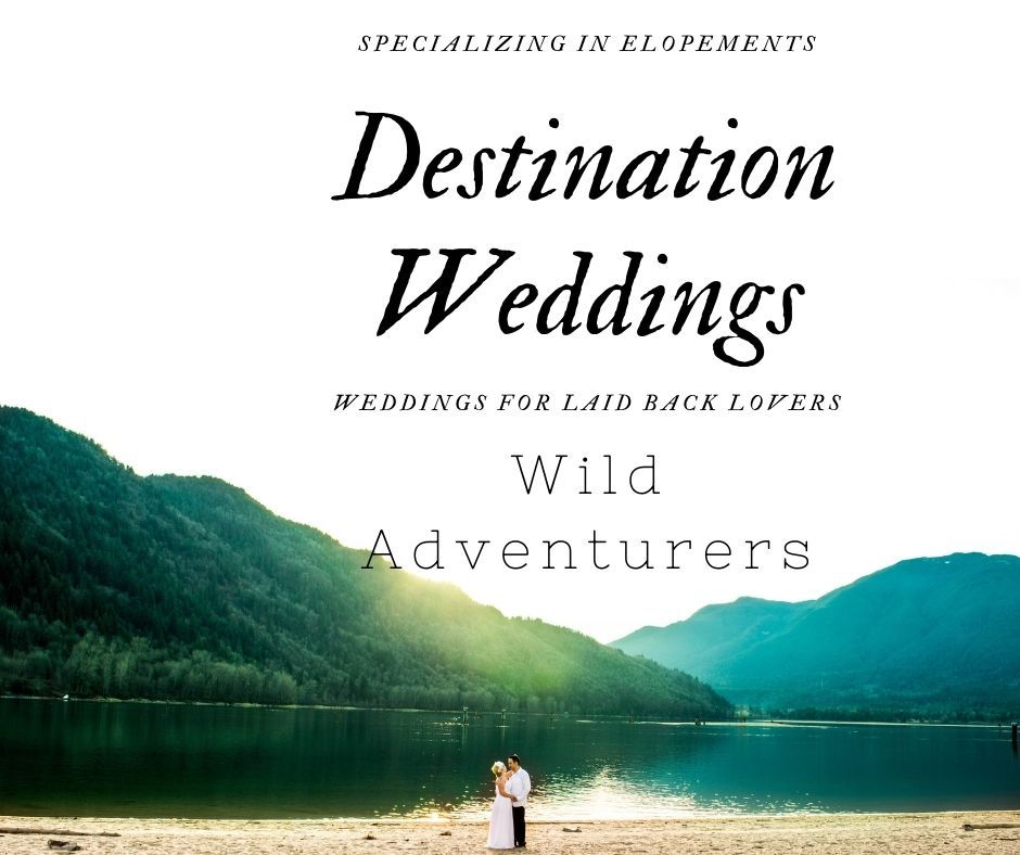 Marketing banner for destination weddings featuring mountain scenery and text for wild adventurers.