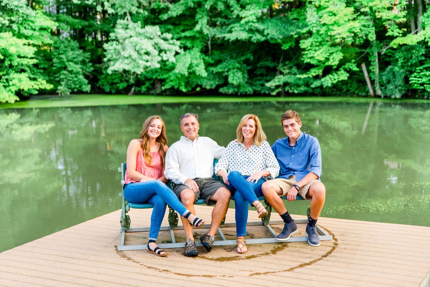 family photos, deck, pond, seated, outdoors, summer, Cincinnati OH