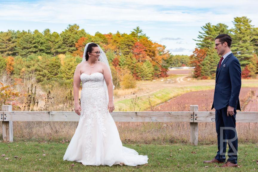Leah Ramuglia Photography autumn fall foliage Wedding First Look at Rosebrook Event Center, Wareham, MA