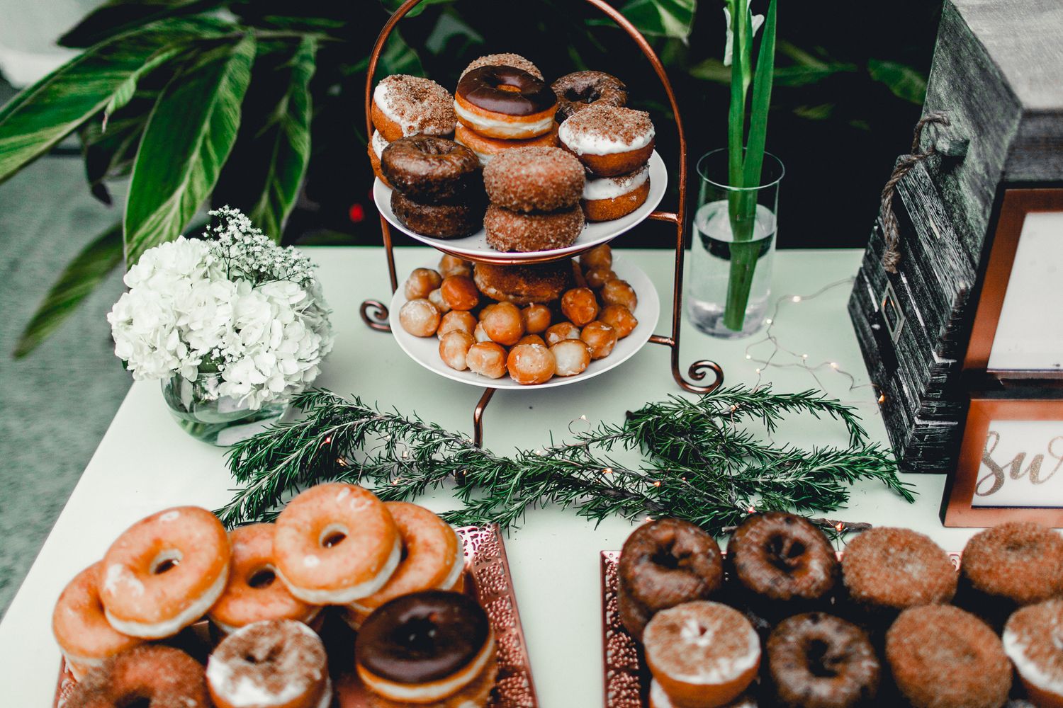 close up of donuts at wedding reception