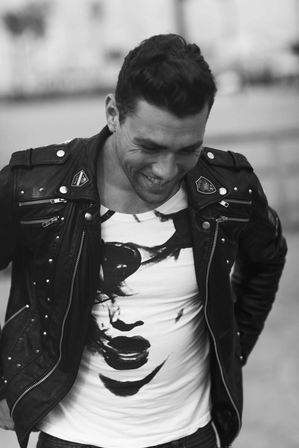 Actor Christian James Diesel Leather Biker Jacket Converse Venice Skate Park California James Dean Candid Laughter Smile