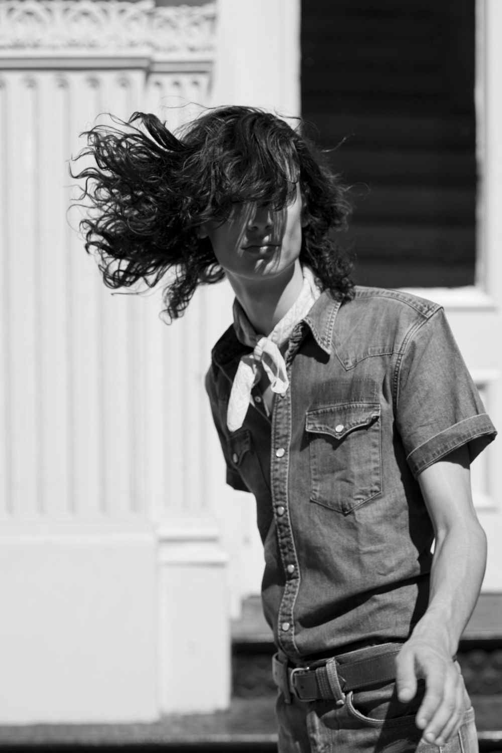 Model Ty Samatowic long dark hair Wilhelmina Models Levi's Denim Editorial Vulkan Magazine in Soho Manhattan.