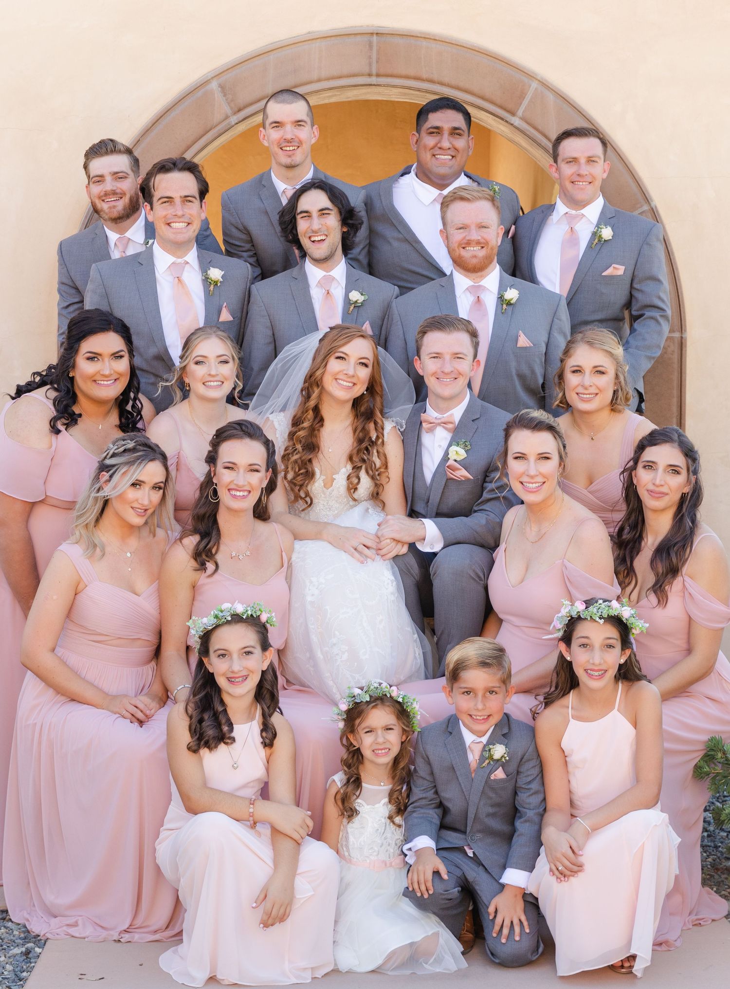 Wedding party on a picnic table pose
