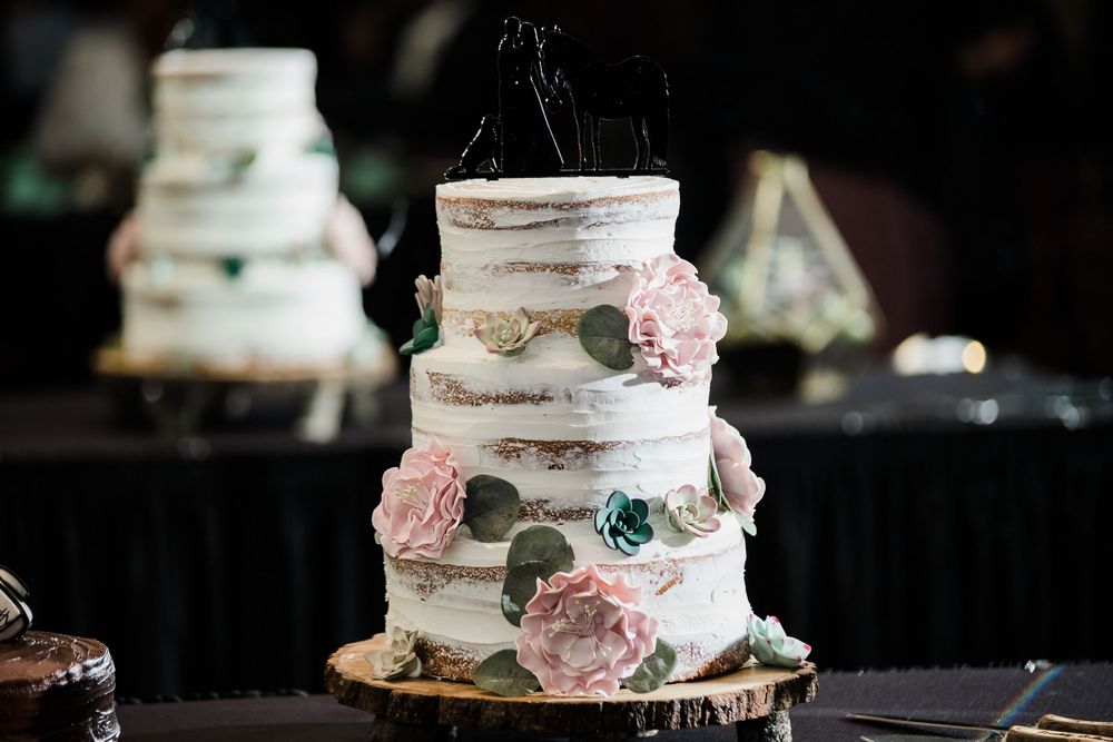 Naked wedding cake with succulents and cactus flowers by Hudson Valley wedding photographer