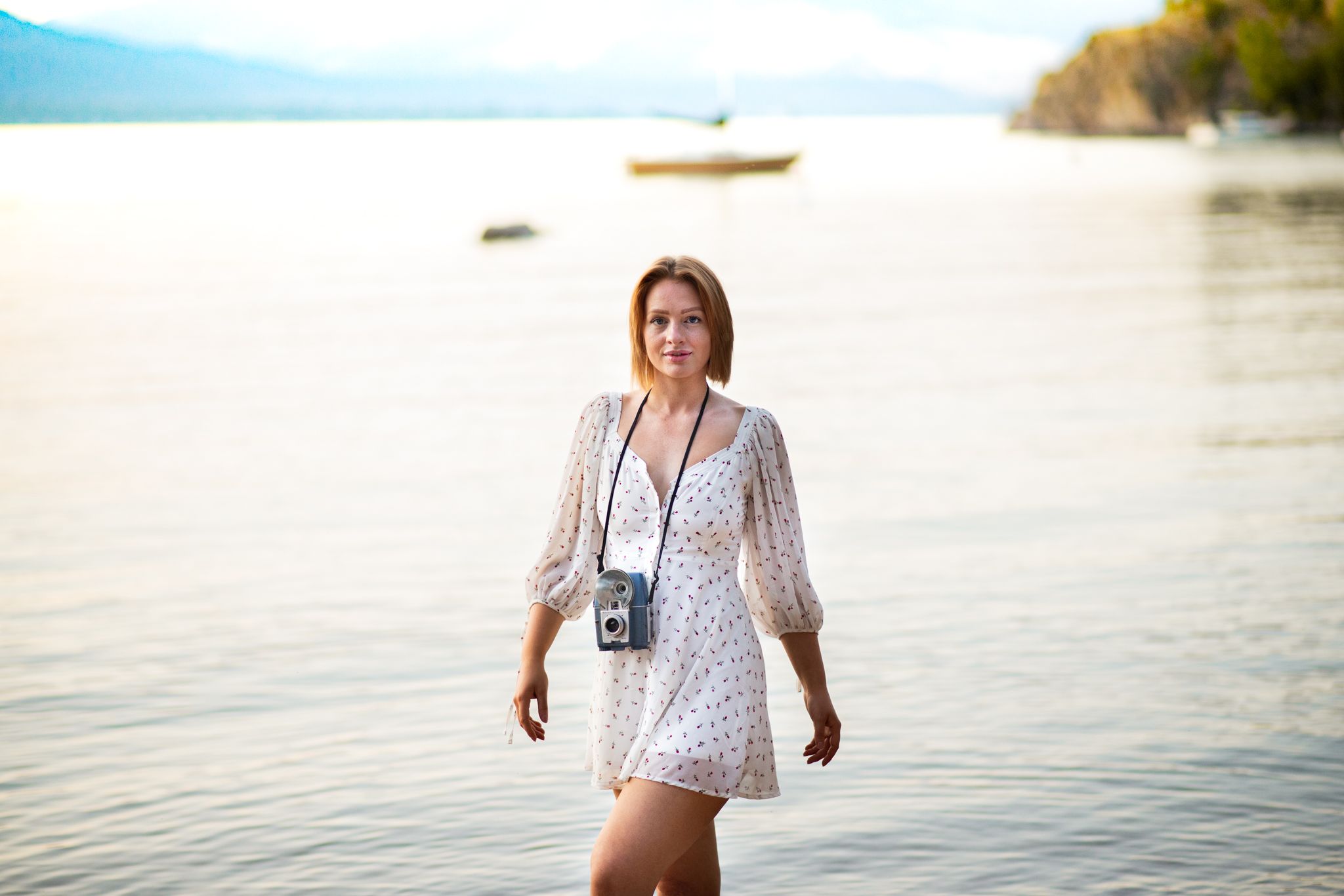 model in white dress, walking out of lake, redhead model, lake pictures, model