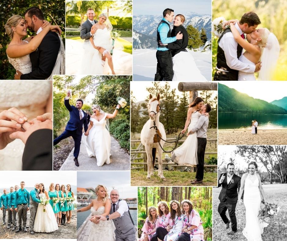 Collection of elegant wedding moments showing couples in formal attire across various scenic locations.