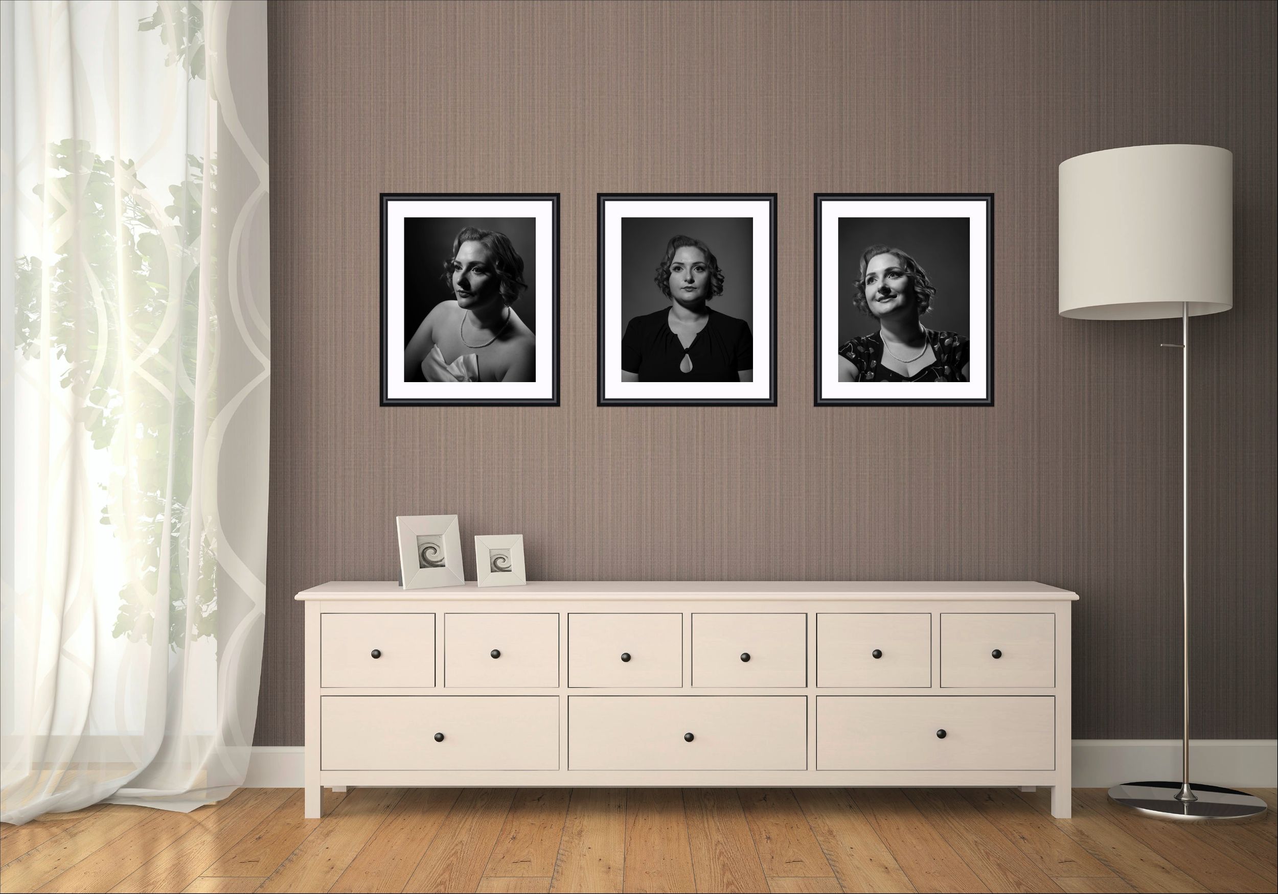 Three Framed b&w retro portraits inspired by the portraits of movie starlets from the golden age of Hollywood.
