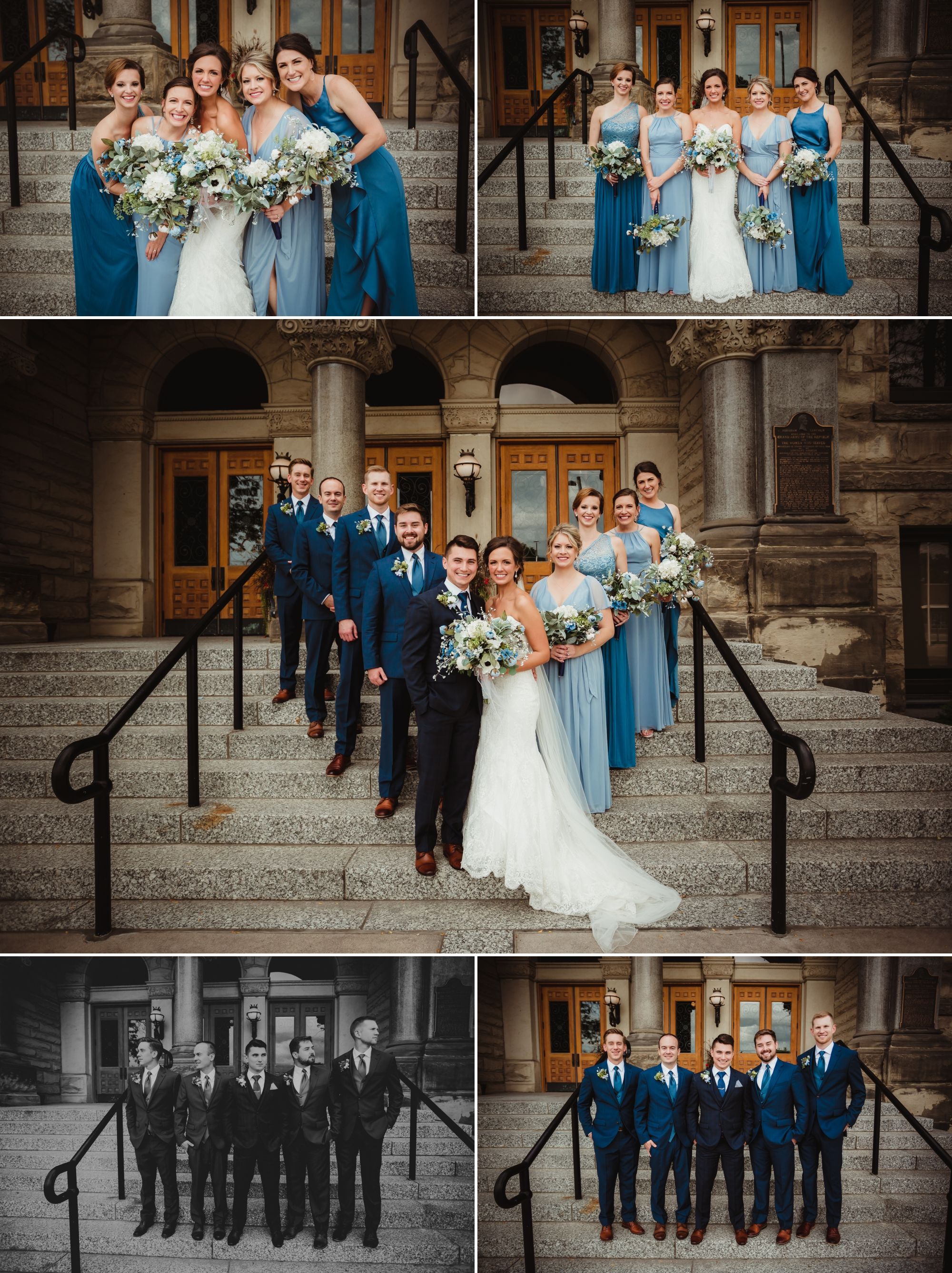 The wedding party posing on stairs. They're all in shades of blue.