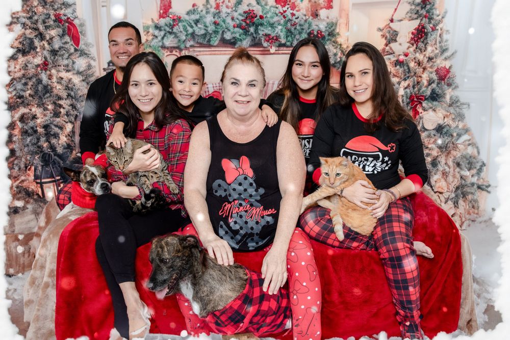 Holiday group photo with pets featuring matching outfits and Christmas decor.