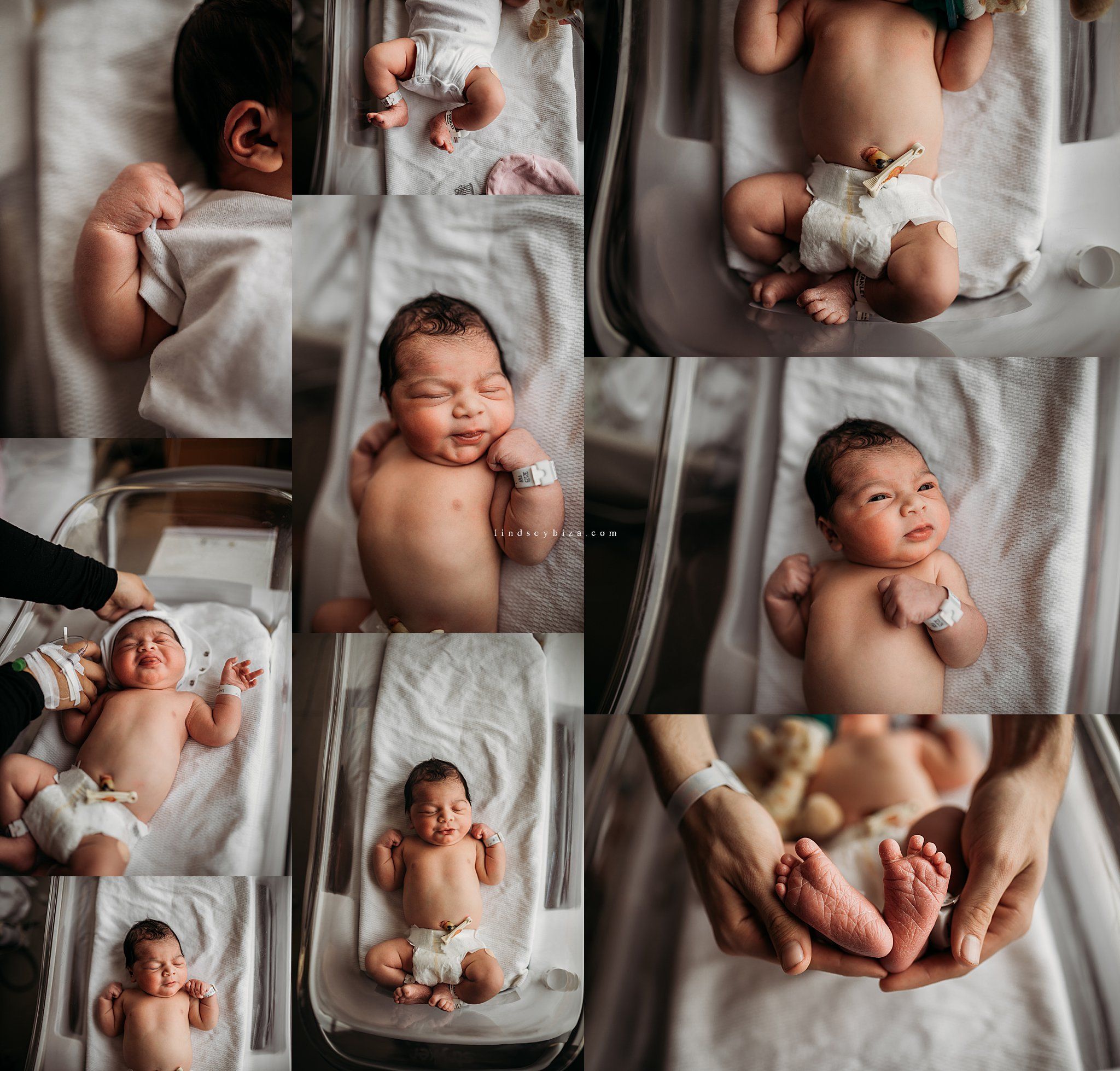 Collage of newborn photos in hospital bassinet in Columbus GA