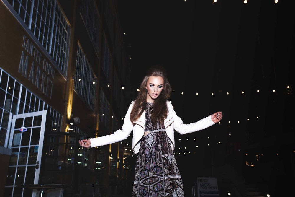 Model Crystal Van Commenee National A-List Magazine Editorial Los Angeles California Rockabilly String Lights Long Dress