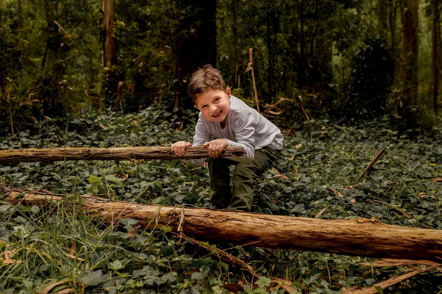 Boy playing with tree in bush in Melbourne