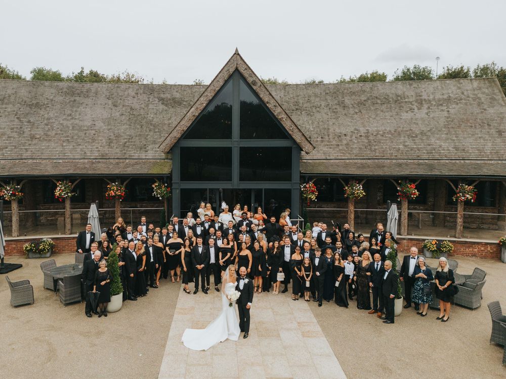 Large wedding party gathered in front of Grand Lodge Oaklands - taken by Grimsby photographer.