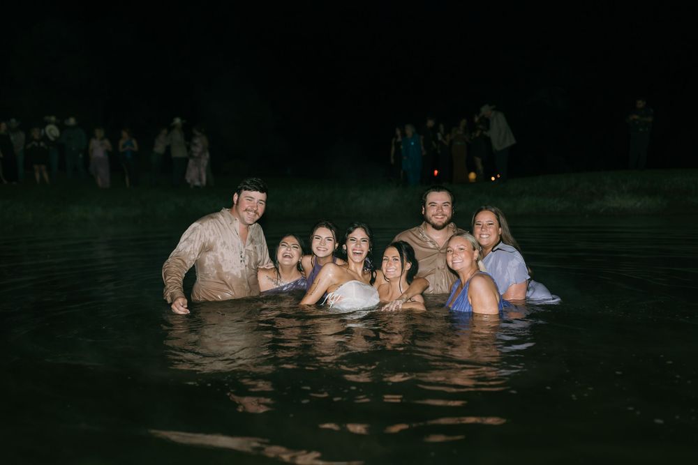 People enjoying a nighttime swim in dark water, captured in a series of candid shots.