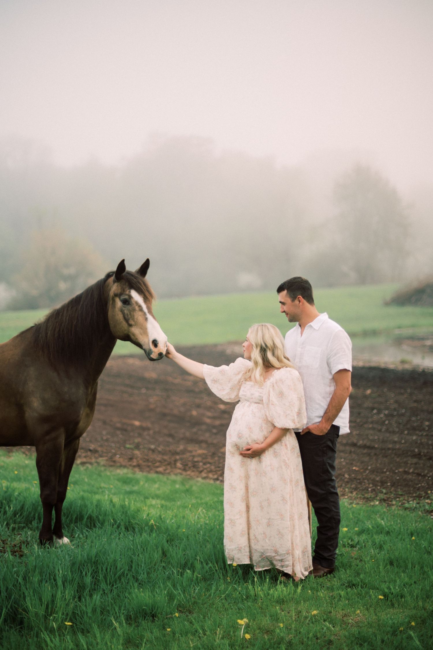 A couple stands with a brown horse in a foggy green pasture during a maternity photoshoot in nature.