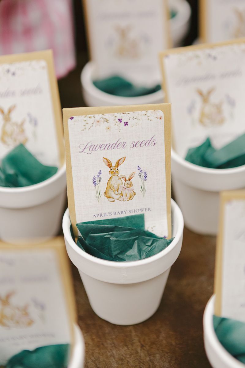 Beautiful lavender seeds gifts, decorated with bunny accents at a Williamsburg baby shower by NYC baby shower photographer Paula Brearley