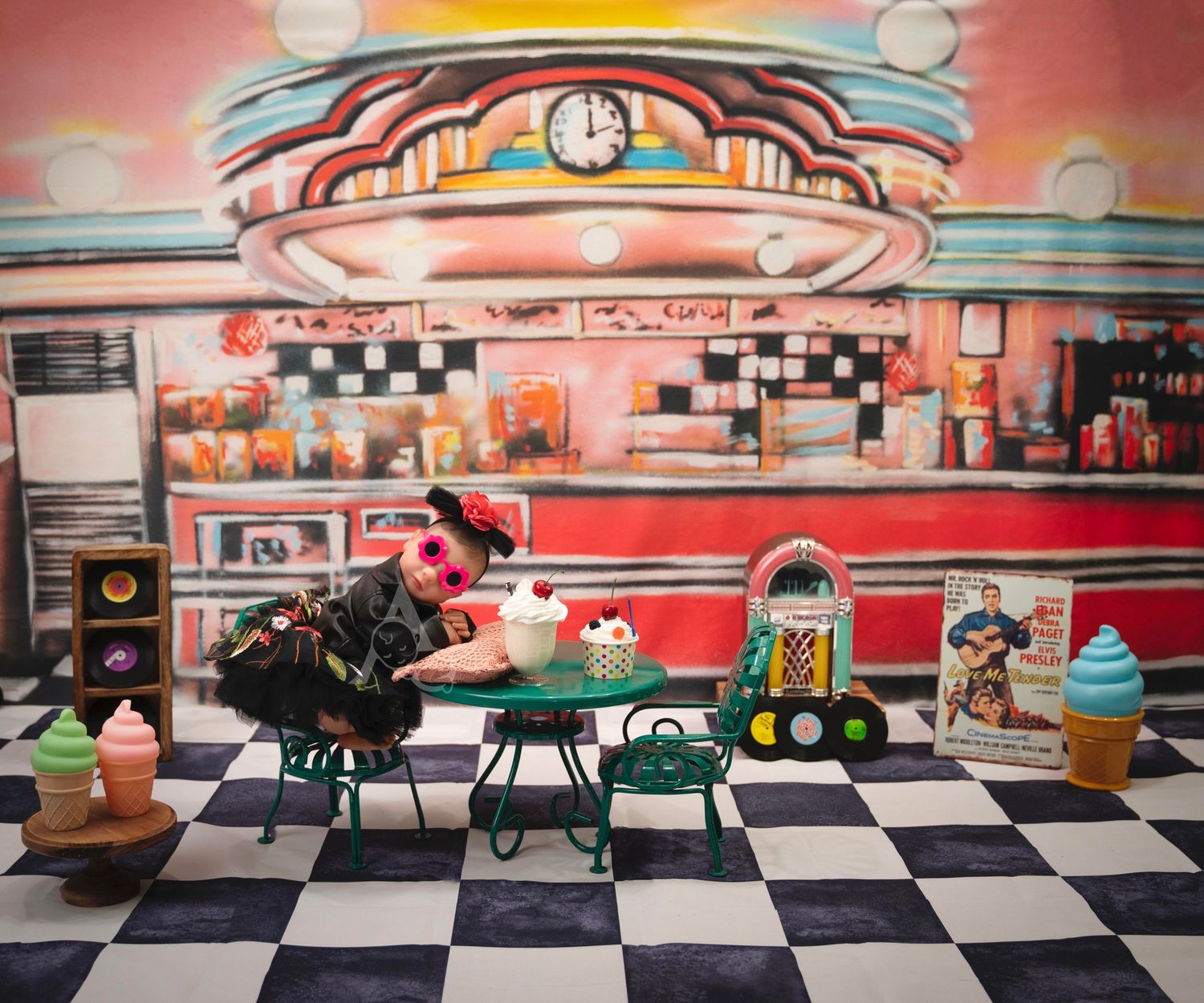 Retro 1950s diner scene with checkered floor and vintage decorations.