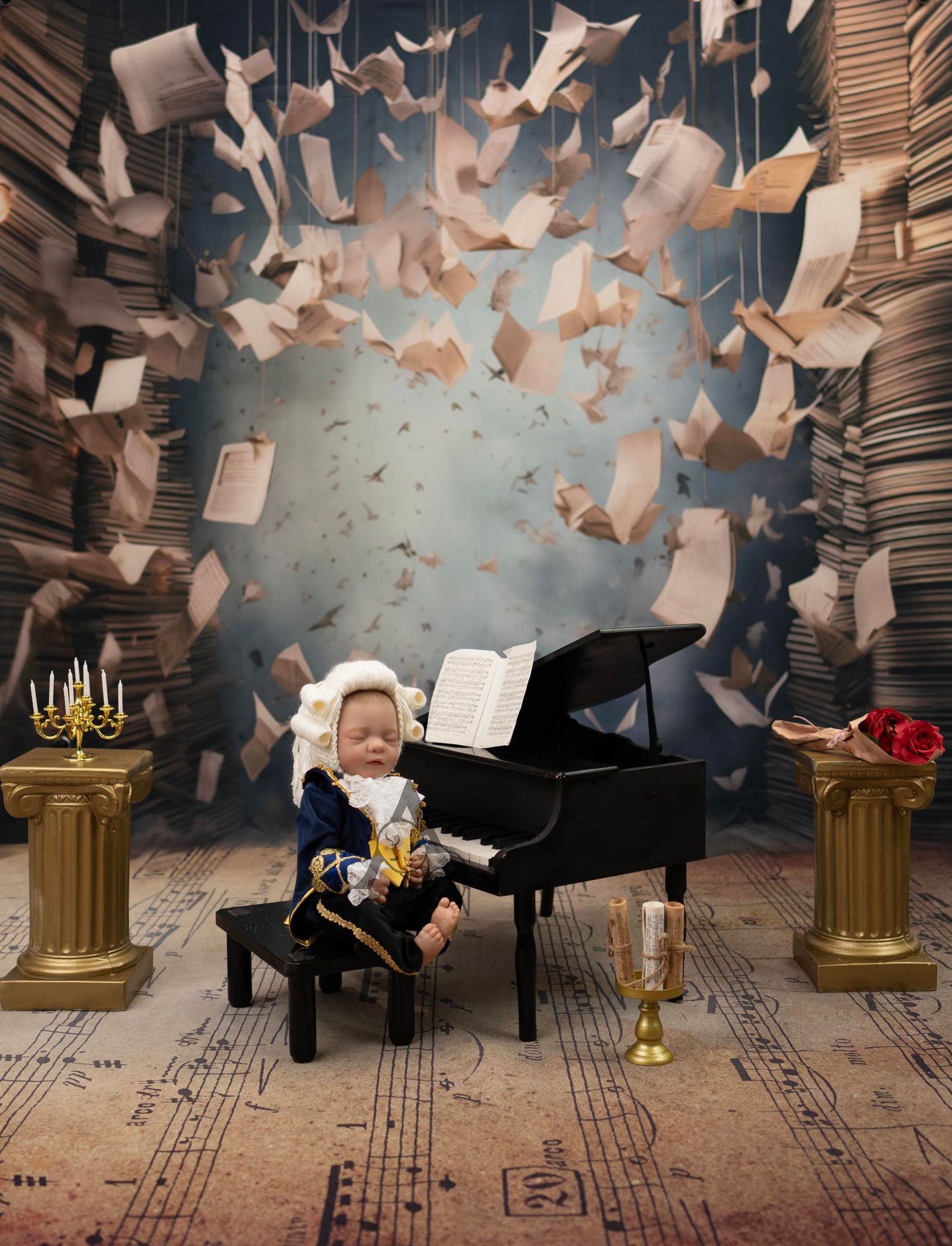 Artistic photography setup with grand piano, floating sheet music, and classical decor elements.
