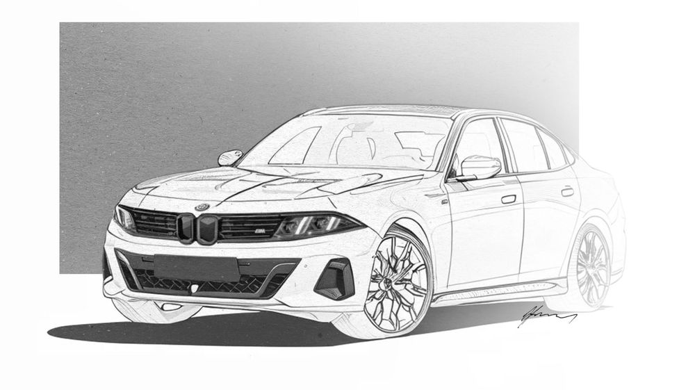 Black and white pencil sketch of a sporty BMW performance sedan with aggressive styling and large wheels.