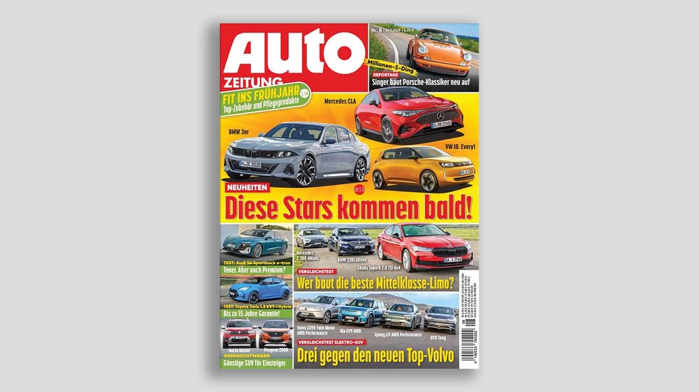 German Auto magazine cover showcasing various new car models with bright colors and bold text displays.