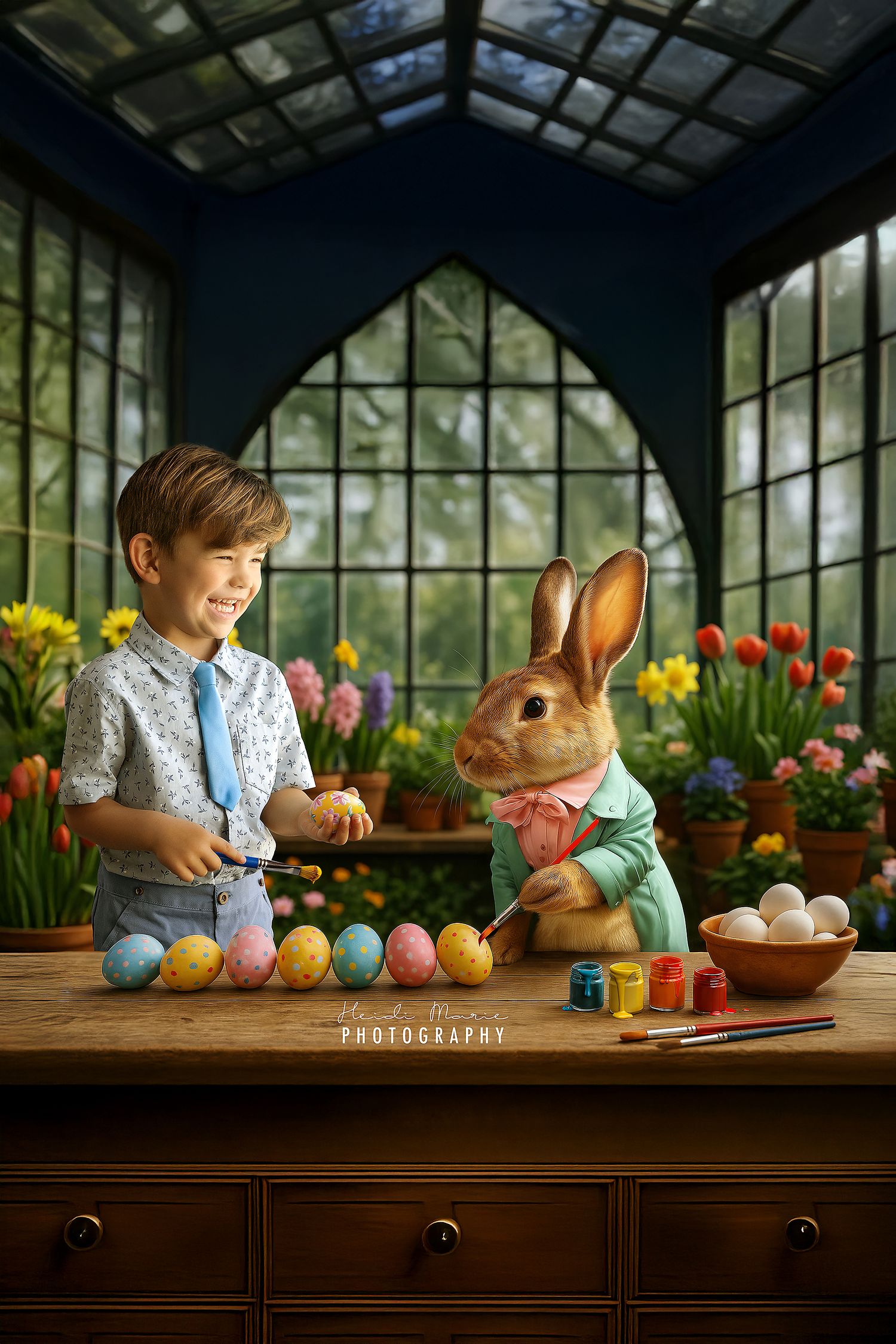 A young child decorates Easter eggs at a wooden table with a large bunny figure surrounded by spring flowers and windows.