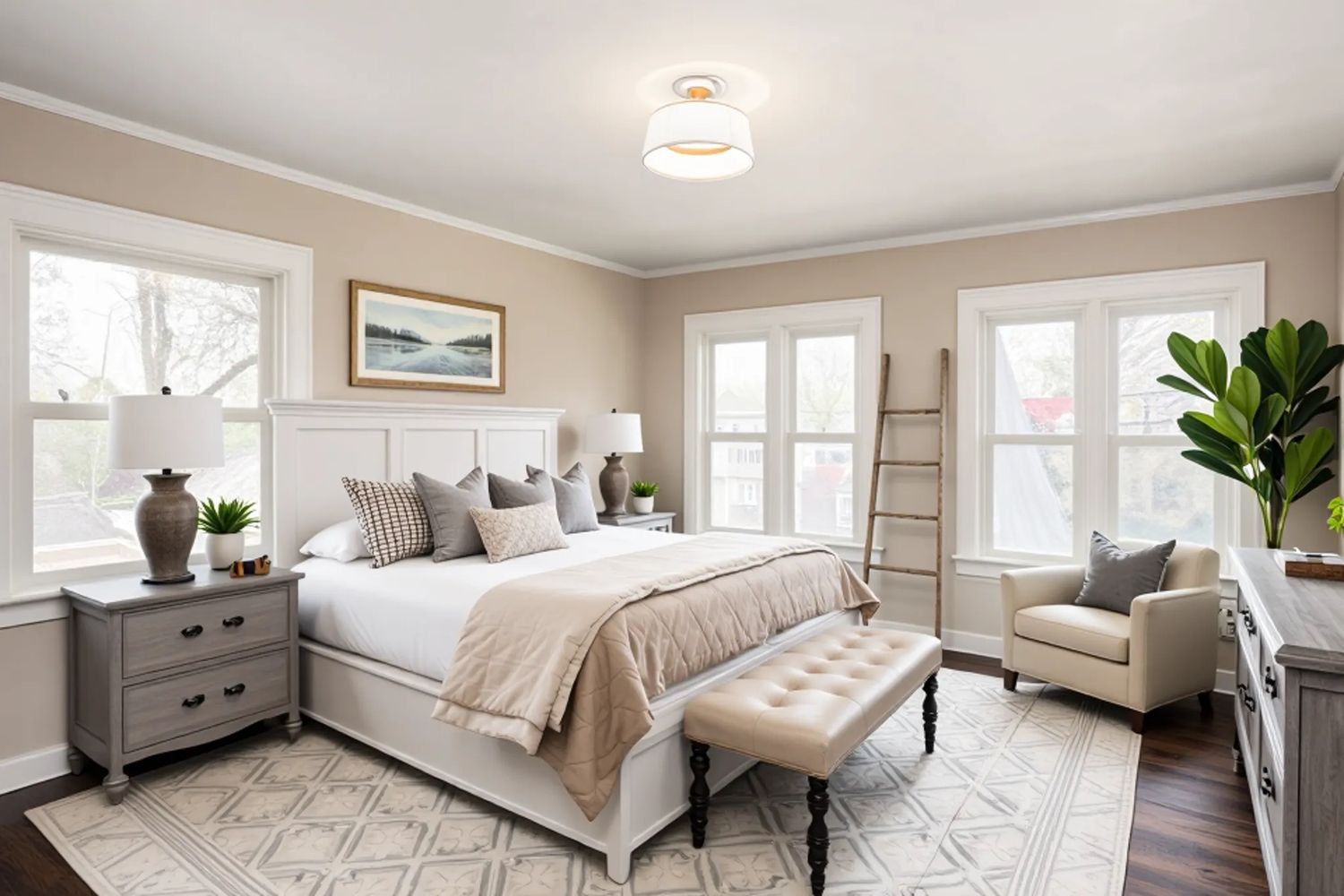 Virtually staged primary bedroom with neutral decor, white bed frame, tufted bench, large windows, wood floors, and natural light.