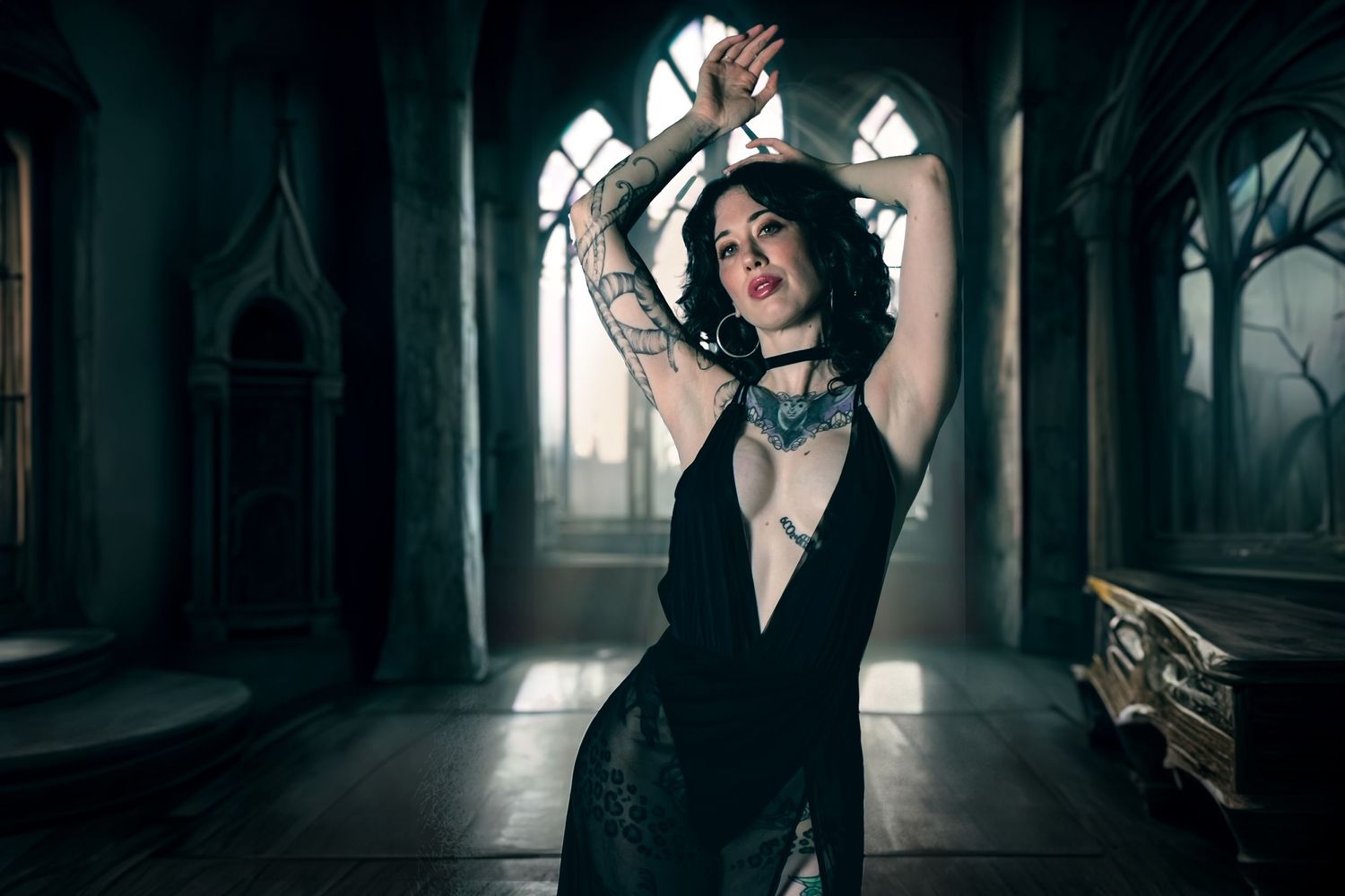 Gothic styled portrait in black dress against dramatic church interior background.