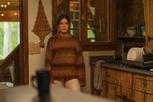 A person wearing a striped brown sweater stands in a cozy cabin kitchen.
