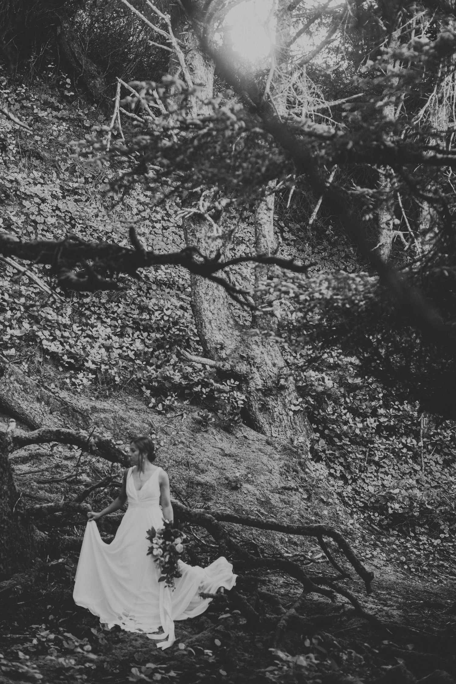 Ethereal black and white photo showing a person in flowing white dress sitting beneath gnarled tree branches in moody forest setting.
