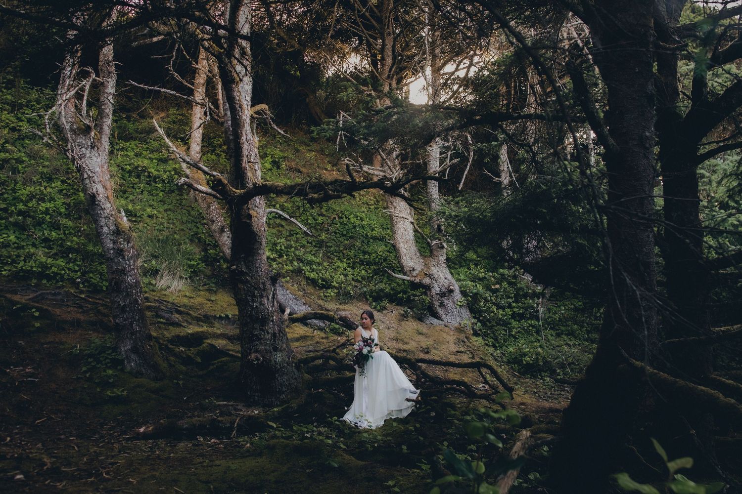 Two figures in wedding attire stand in a misty forest setting among tall trees and mossy rocks.
