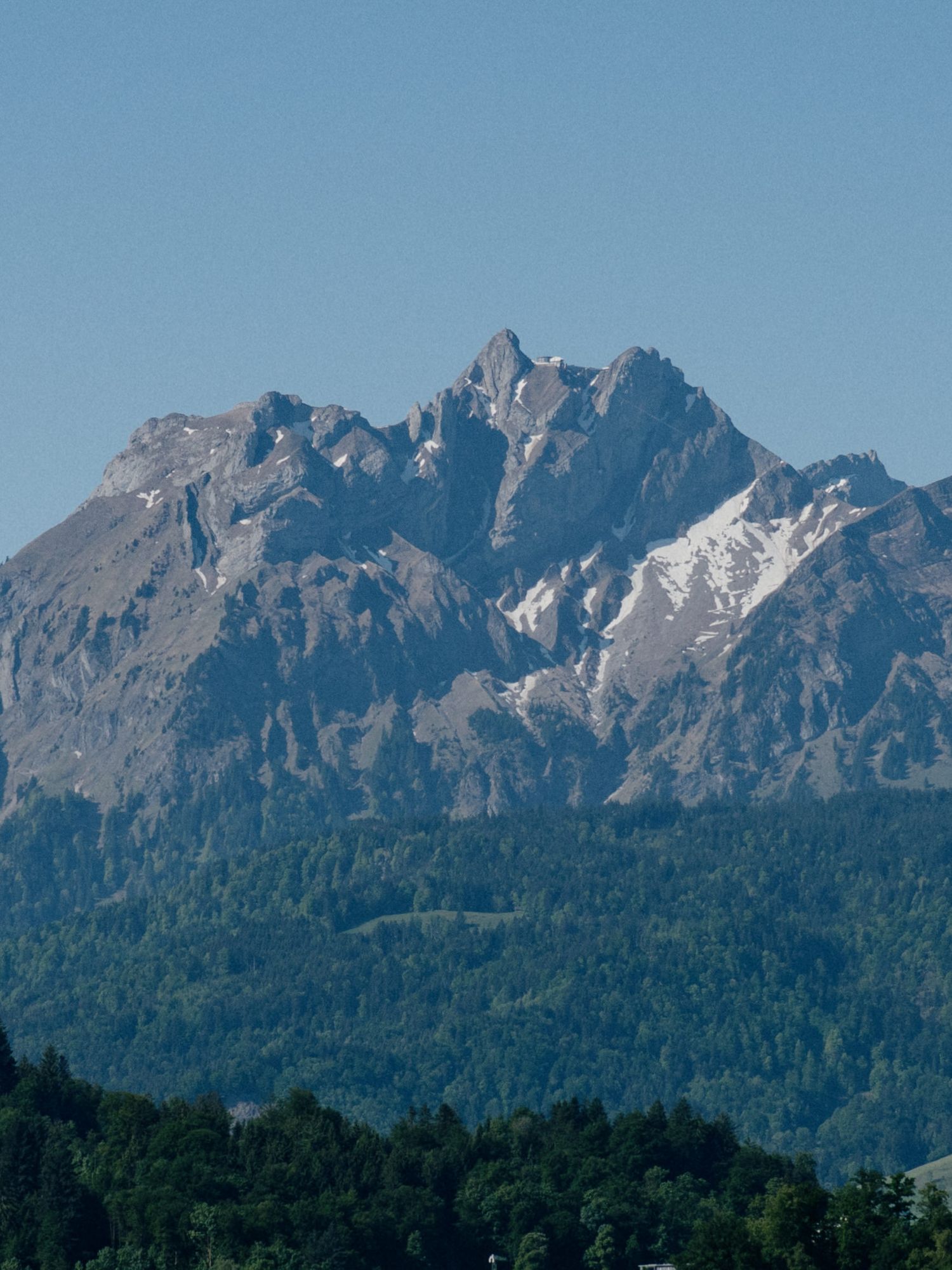 Rugged mountain peak rises above forested foothills against a clear blue sky in the Alps.