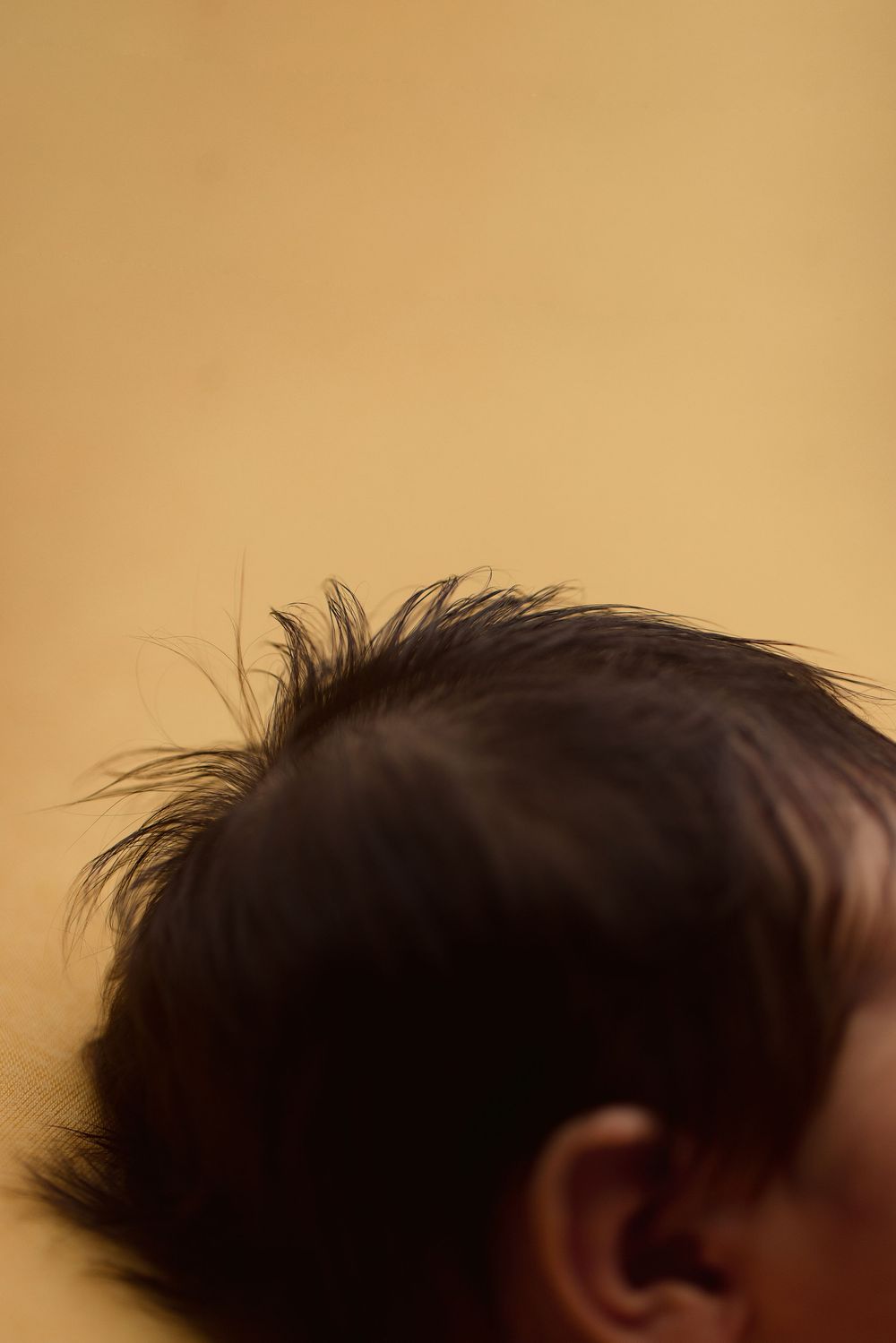 Close-up view of dark spiky hair against a warm beige background.