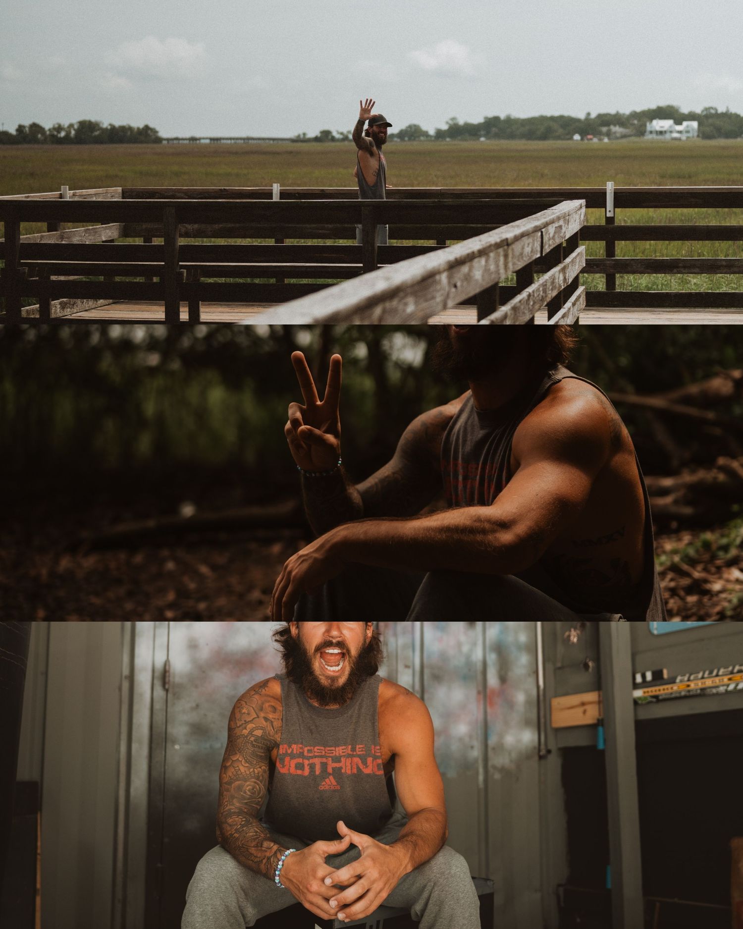 Three artistic lifestyle photos showing someone on a wooden boardwalk and posing in moody outdoor settings.