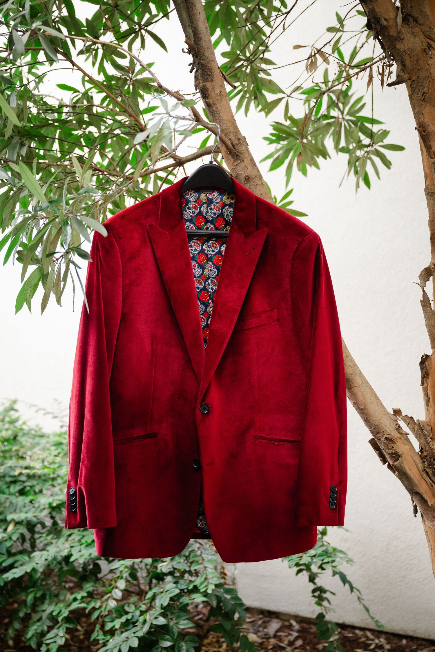A deep red velvet blazer jacket hangs on a hanger against a white wall with green foliage in the background.