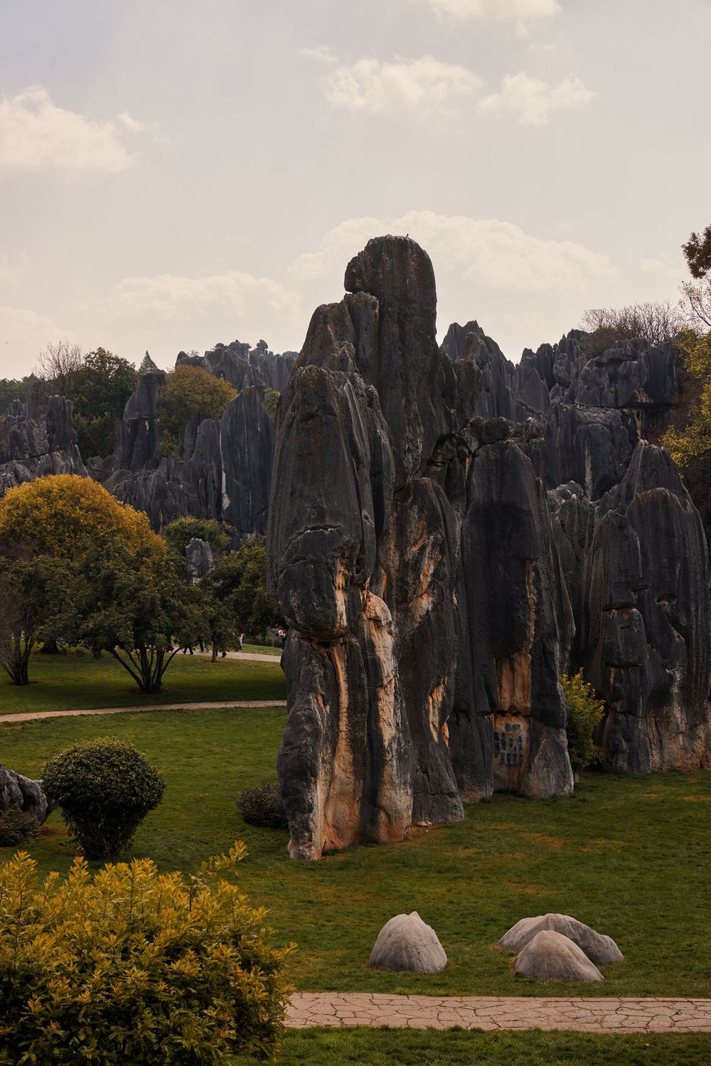 Tall limestone karst formations tower over a manicured garden with yellow bushes and round stone sculptures in the foreground.