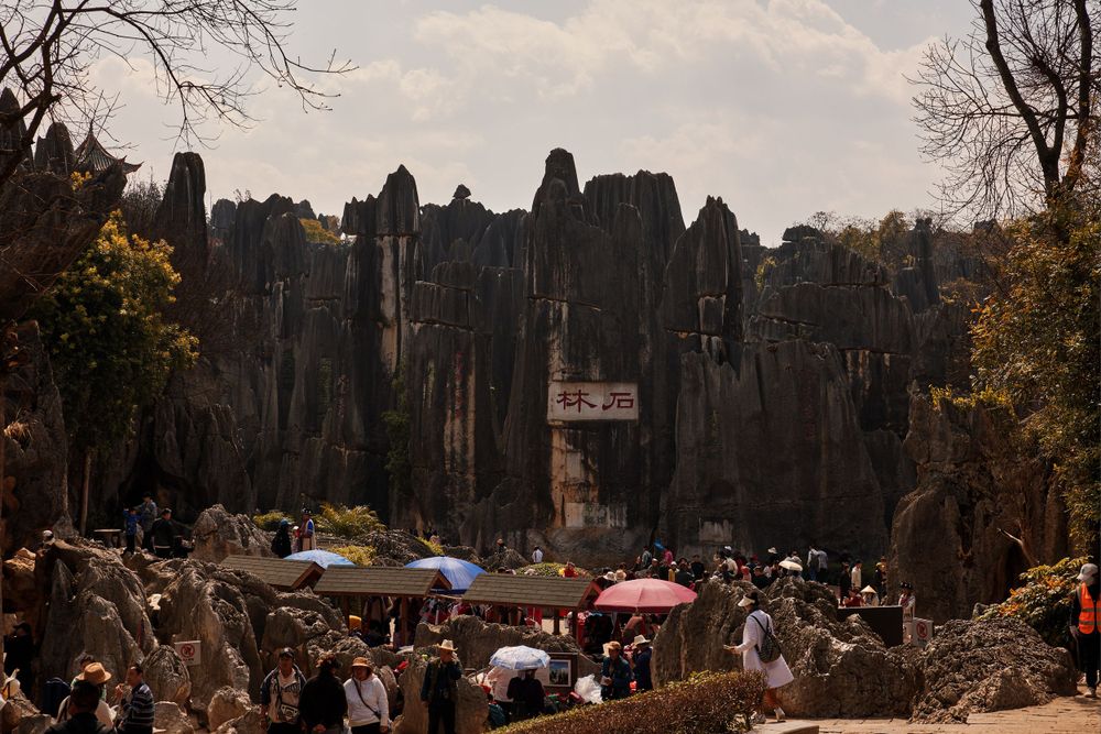 A crowded tourist area at Stone Forest with limestone formations and colorful umbrellas in Yunnan, China.