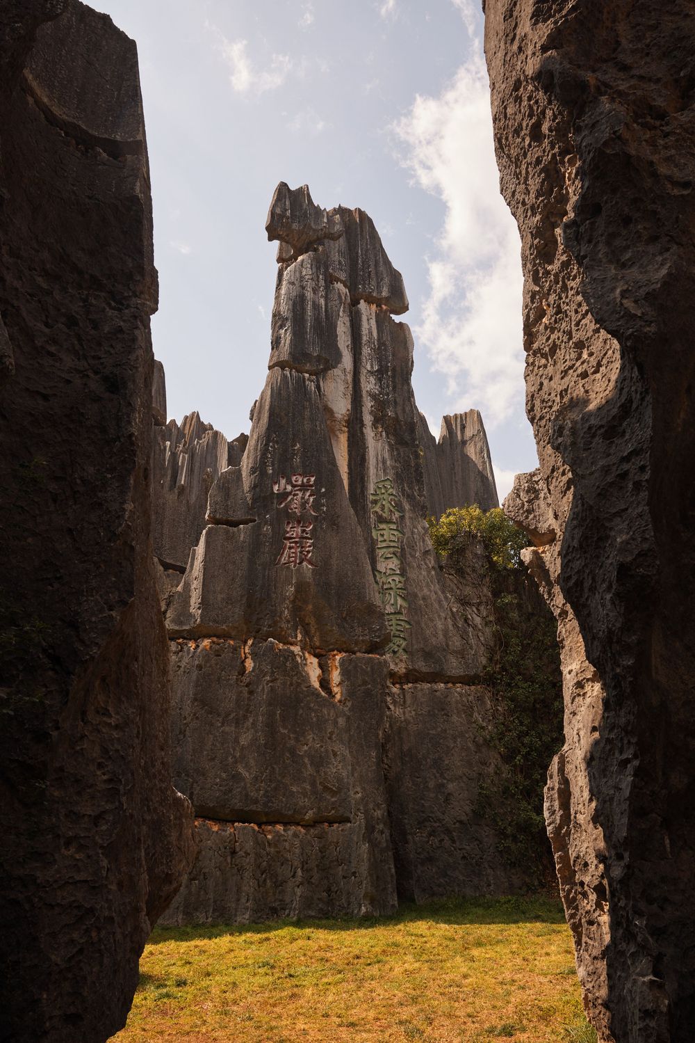 Towering limestone rock formations rise dramatically against a cloudy sky in a natural stone forest landscape.