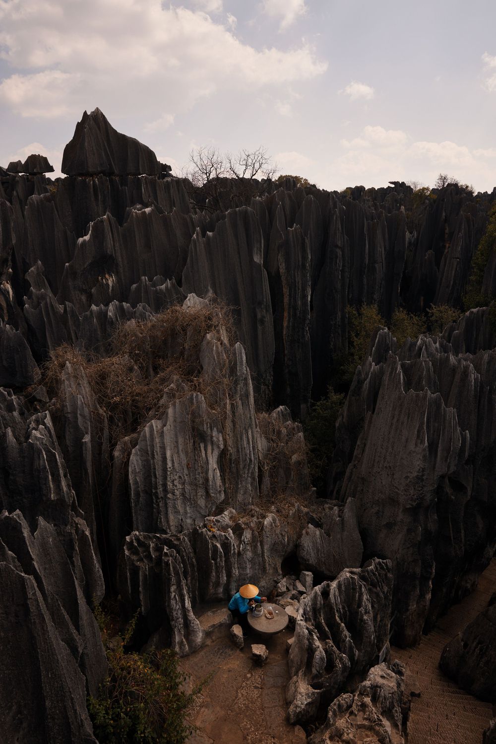 Dramatic limestone karst formations tower over a hiker in Stone Forest, with jagged rock pillars silhouetted against cloudy sky.