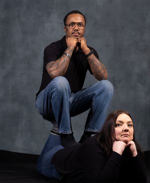 Artistic portrait with contrasting poses and thoughtful expressions against gray backdrop.