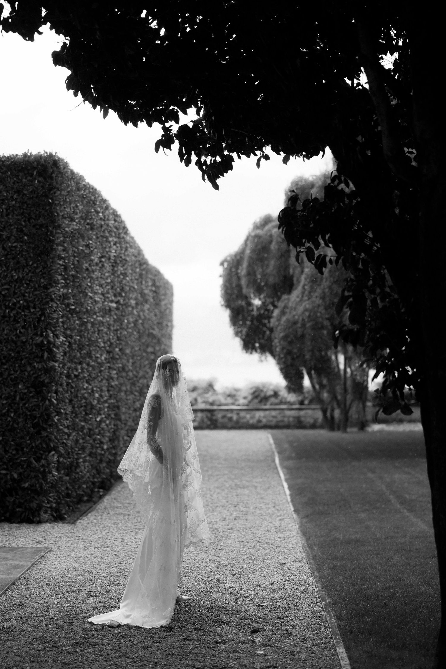 A black and white ethereal wedding scene shows a figure in a flowing white veil moving gracefully through a garden setting.