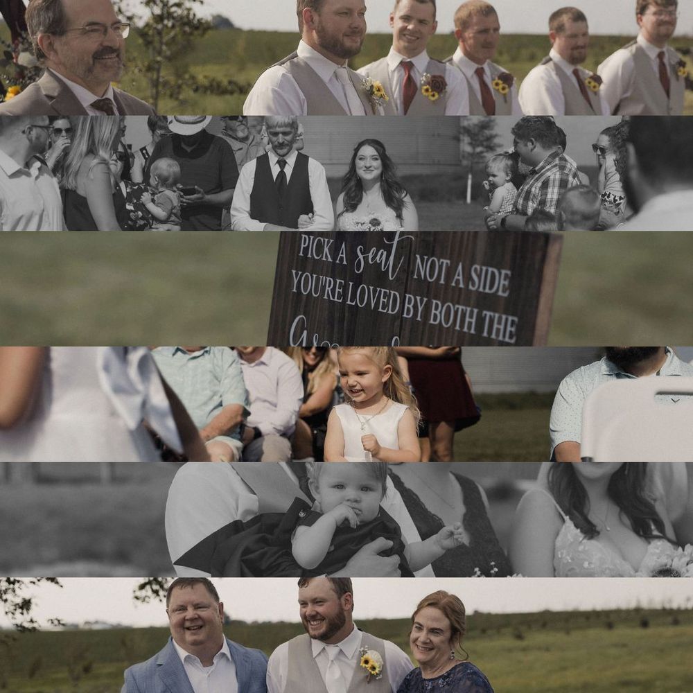 Wedding photo collage featuring black and white candid moments and celebration scenes with a sign about love displayed.