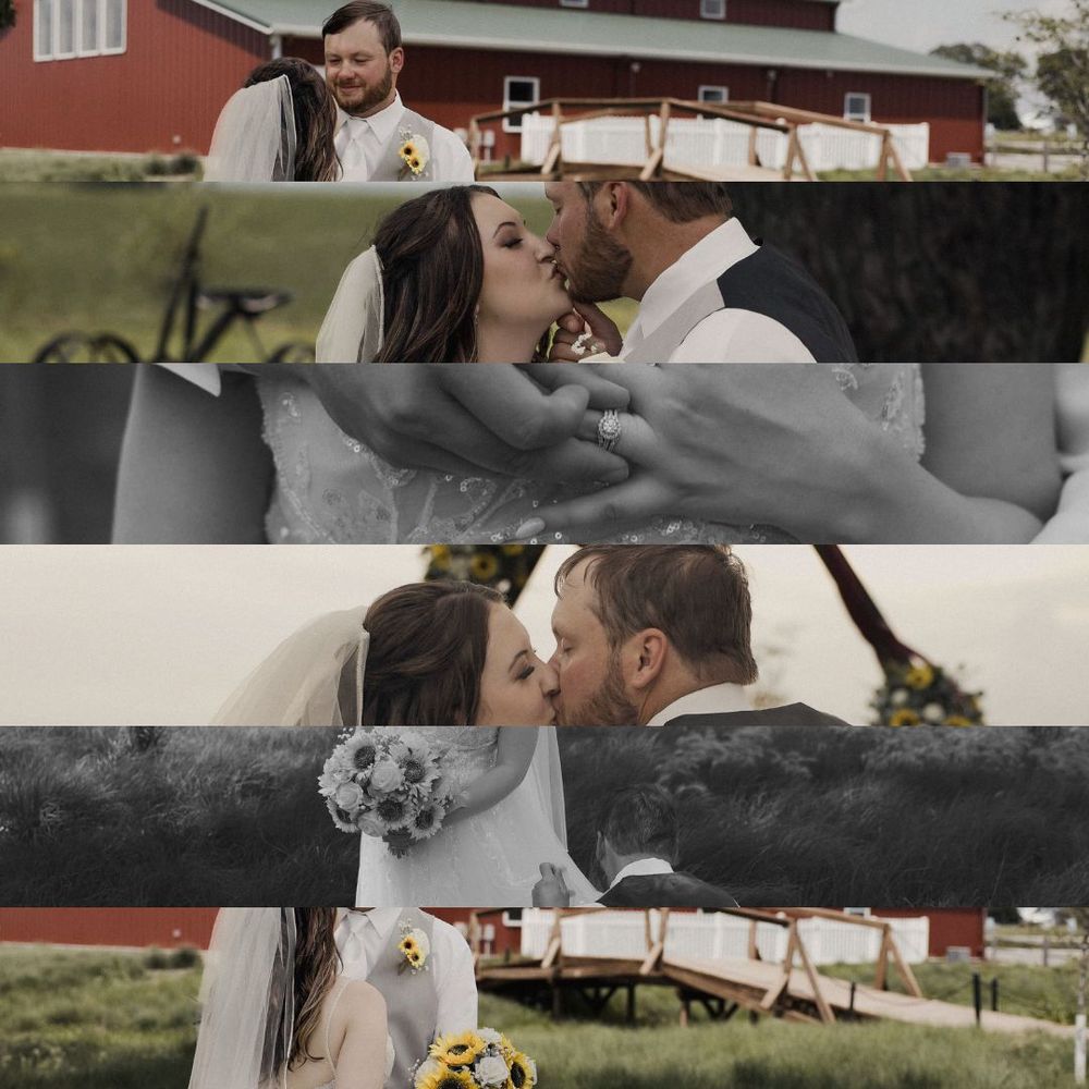 Romantic wedding photo collage showing tender moments between newlyweds against a red barn backdrop with sunflowers.