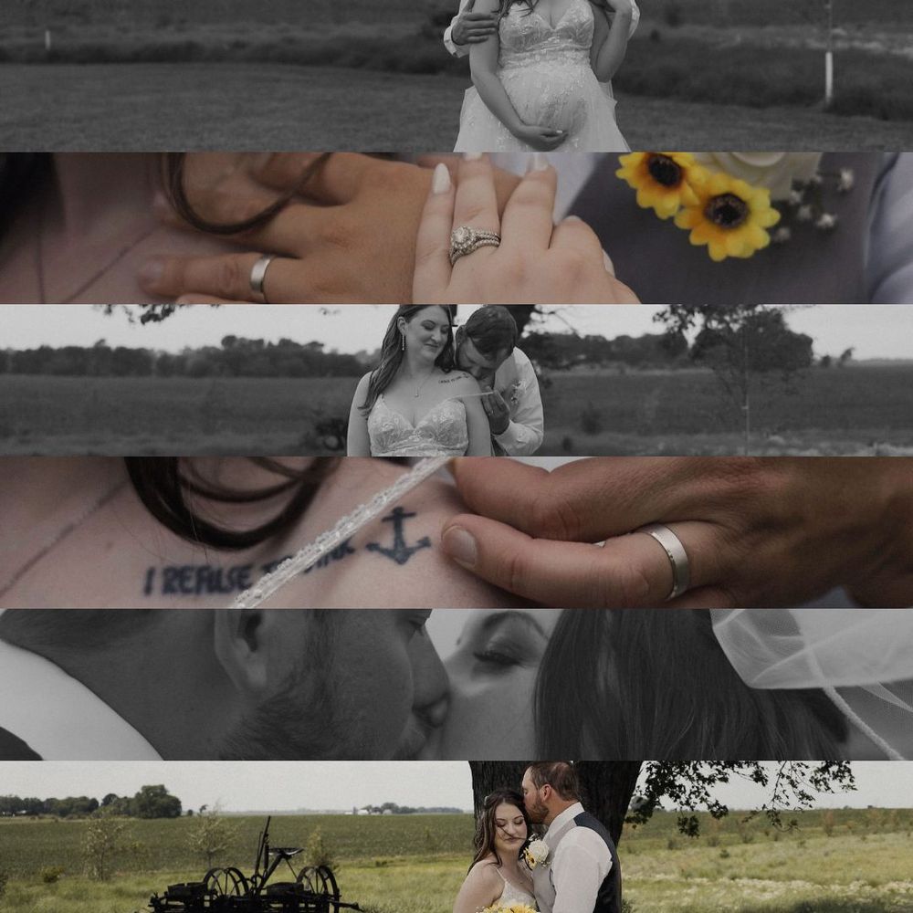 A romantic wedding photo collage featuring intimate moments and ring details with sunflowers and an outdoor countryside setting.